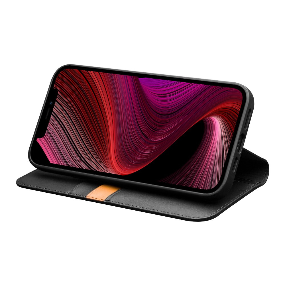 iPhone 13 Echtleder Tasche Flip Cover mit Kartenfächer - Schwarz (Matt)