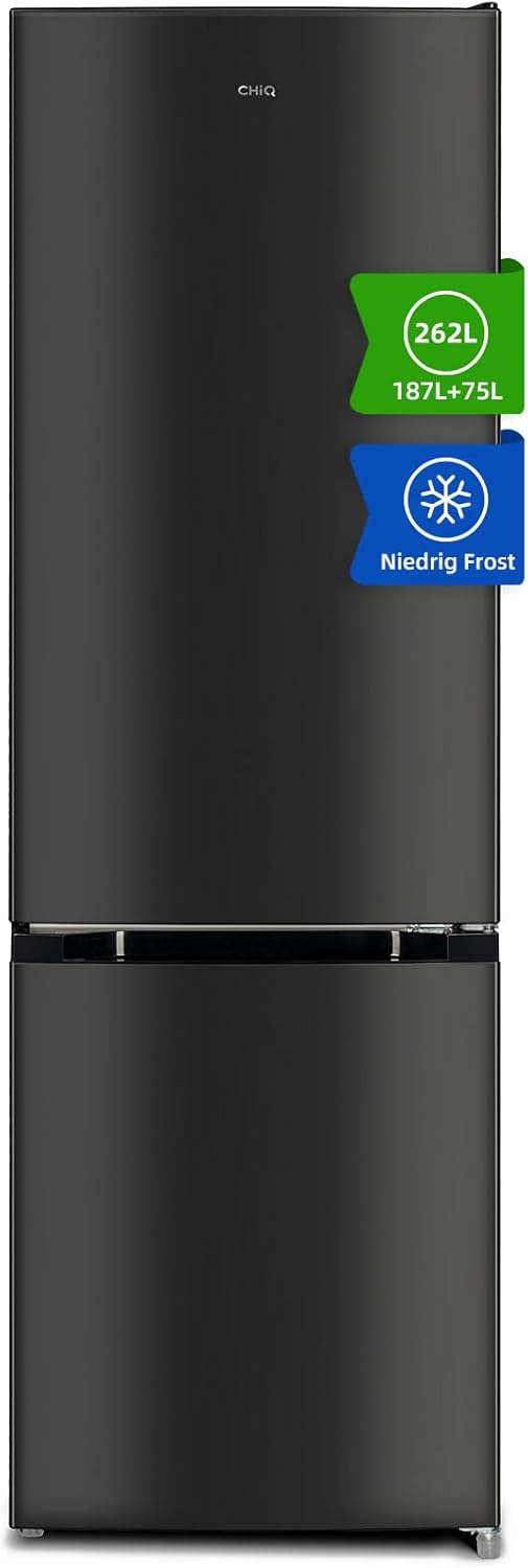 CHIQ FBM260L Freistehender Kühlschrank mit Gefrierfach 260L | Kühl-Gefrierkombination, Low-frost, Frischhalteboxen groß| 176 x 54 x 55 cm (HxBxT) | Dunkler Edelstahl Look