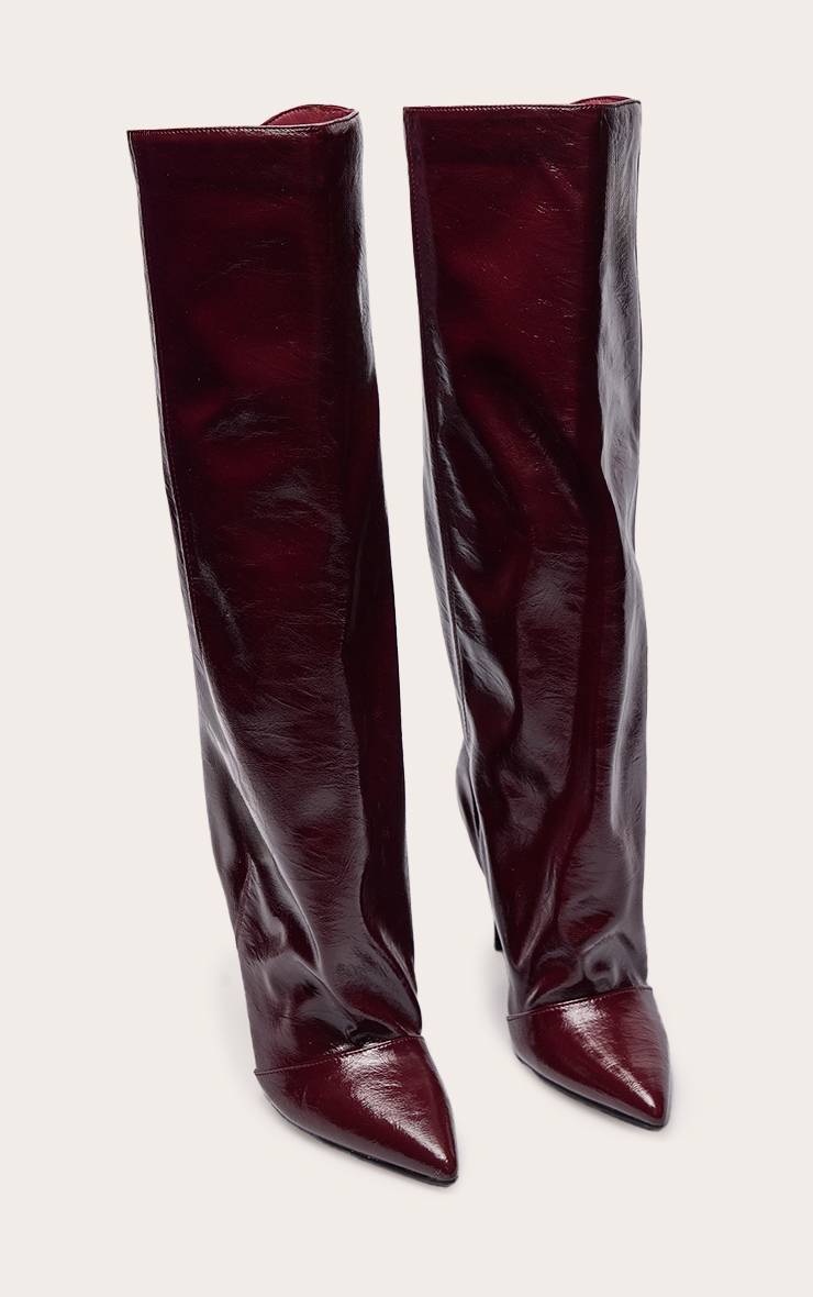 Rouge Bordeaux Bottes Au Genou Froncées En Cuir Verni Froissé