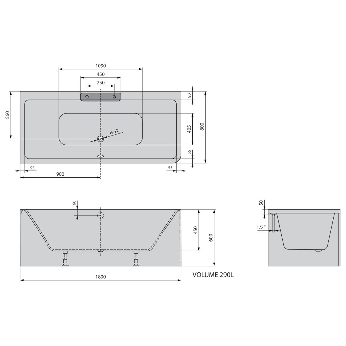 Polysan Monolith Cascata links half vrijstaand bad met zwarte waterval uitloop 180x80cm
