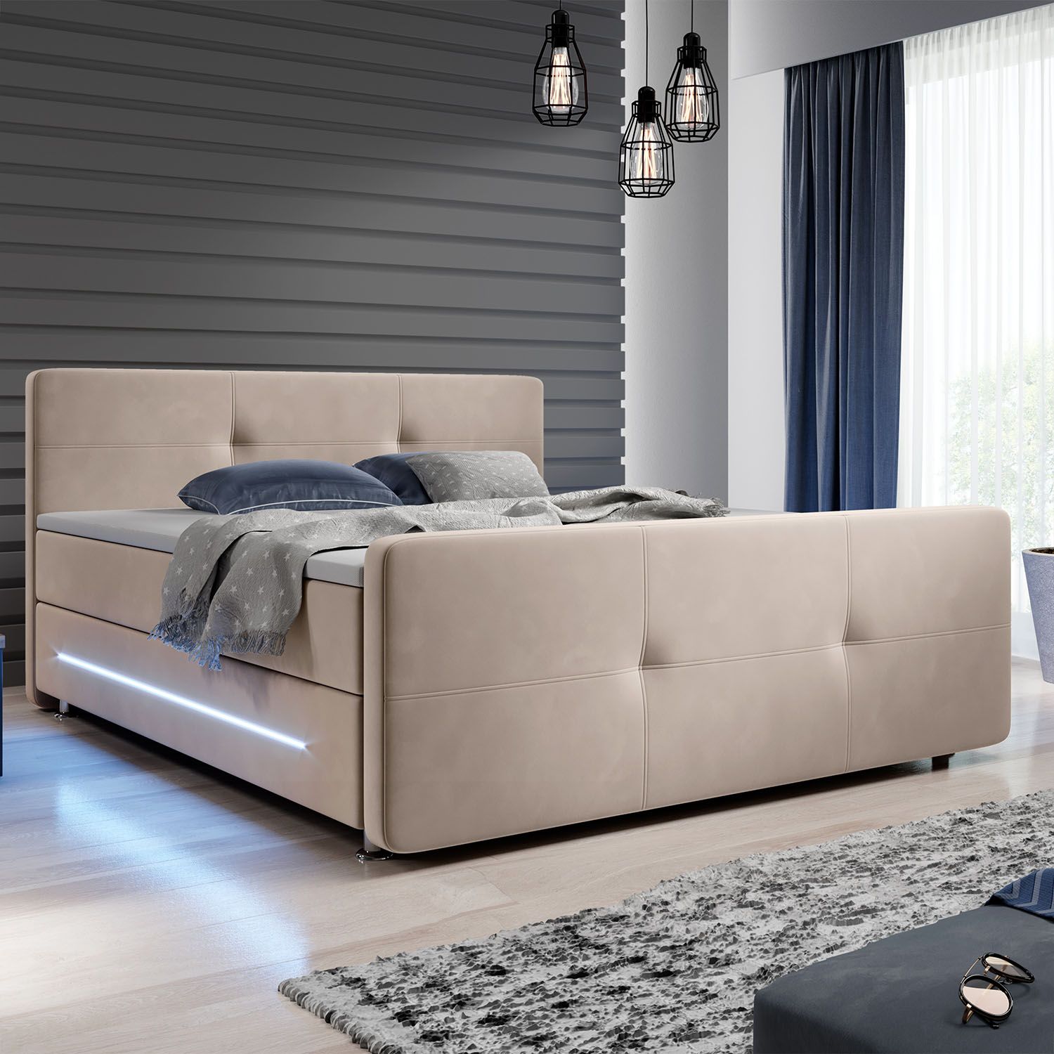Juskys Boxspringbett Houston 140x200 cm - Bett mit LED, Topper & Federkern-Matratzen – Stoff Beige