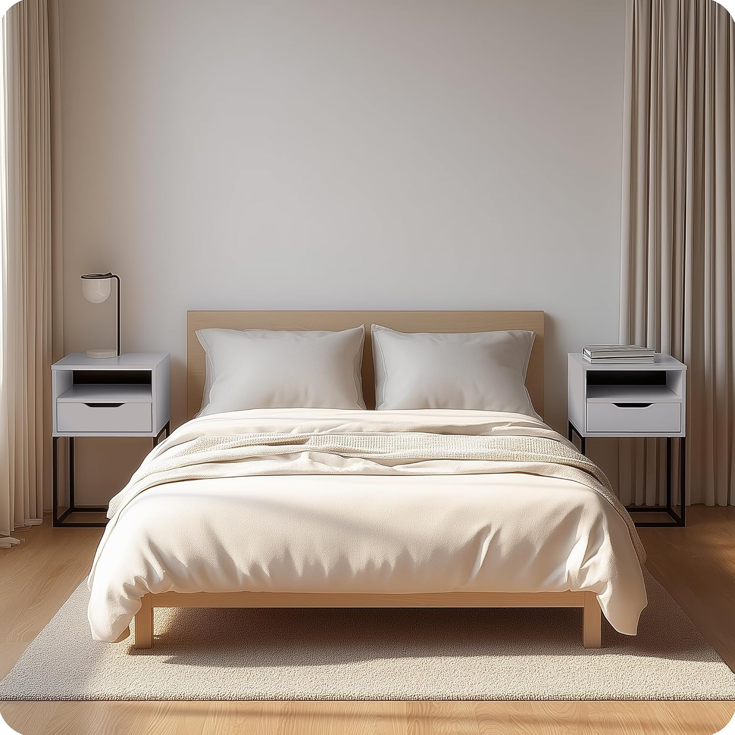 2er-Set Nachttische Rechteckig MDF, Metallgestell, Beige mit Schublade, Lackiert, Einfach Montage, 38x36x63cm