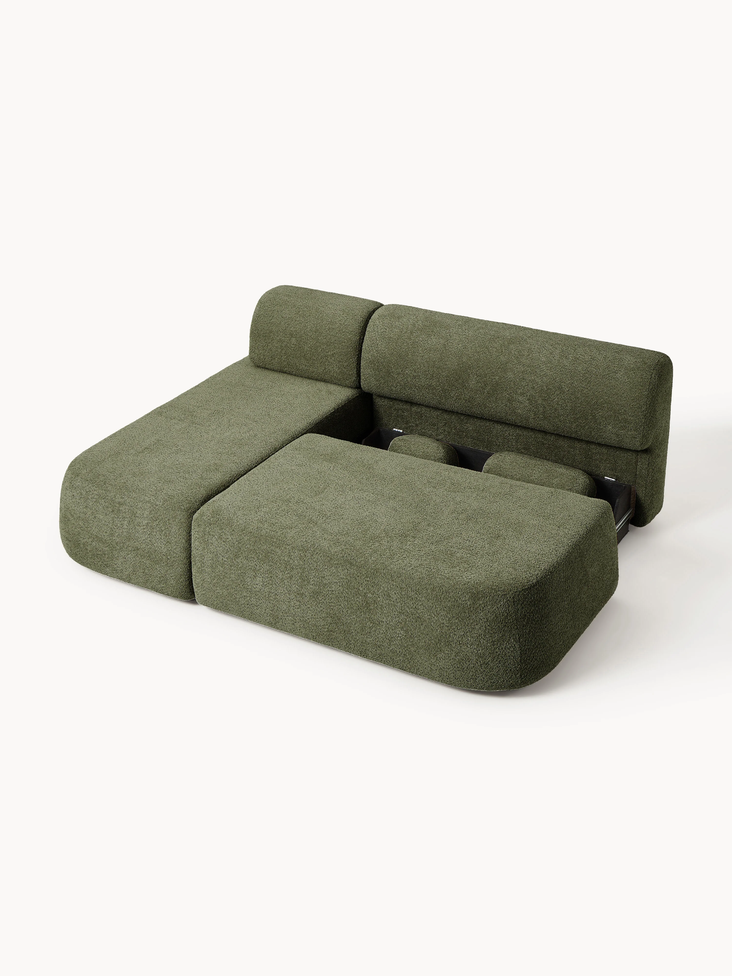Hoekbankbed Pao van teddy-bouclé met opbergruimte