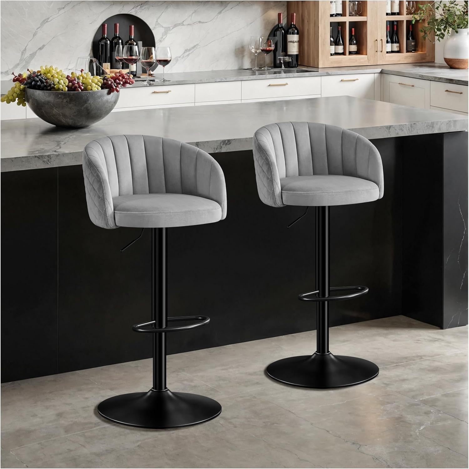 Barhocker 2er Set Höhenverstellbar Barstuhl Milch-samtstoff, Tresenhocker mit Lehne und Armlehne, Barhocker 360° Drehbar für Küche, Esszimmer, Café,Bistro-Grau IG9873815