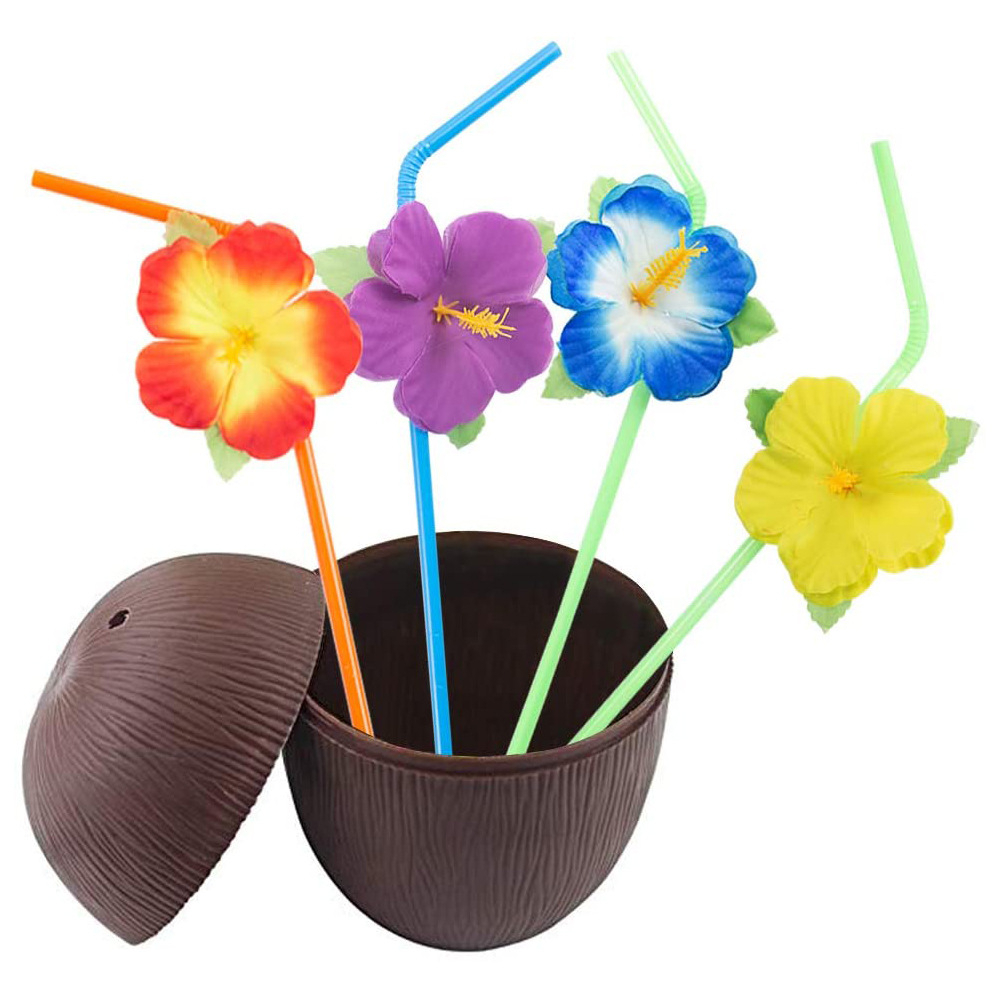 (6er Set) Mehrweg Cocktail Trinkbecher Sommer Party Hawaii Deko Getränke Becher mit Strohhalm - Kokosnuss / Ananas
