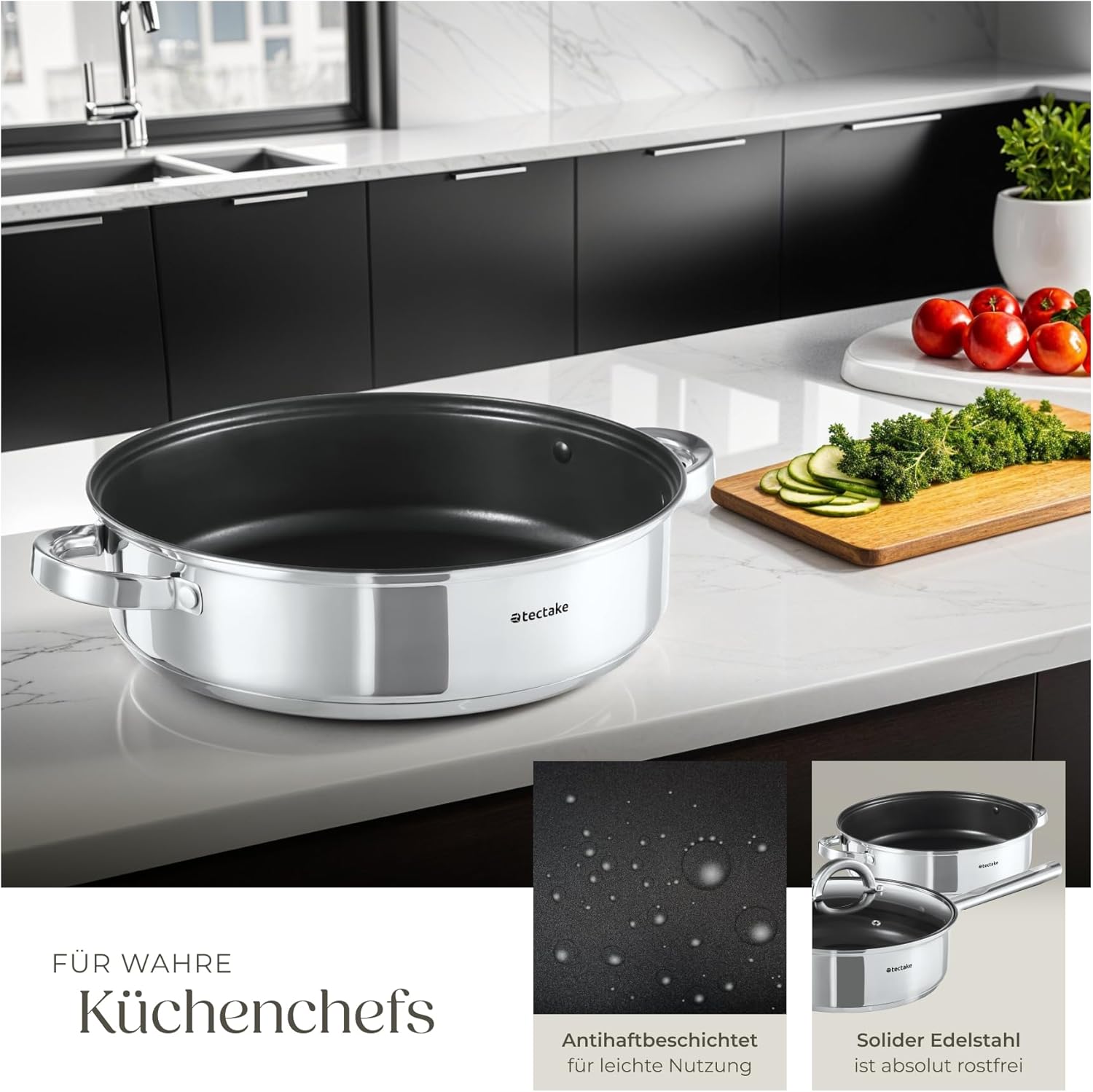 tectake® 15-tlg. Topfset, Edelstahl Kochgeschirr, Bratpfanne und Töpfe Set mit Deckel, Kochtopf Set für Induktionskochfeld, Gas- und Elektroherd geeignet, Topfsets für Camping und Wohnung, Küchensets
