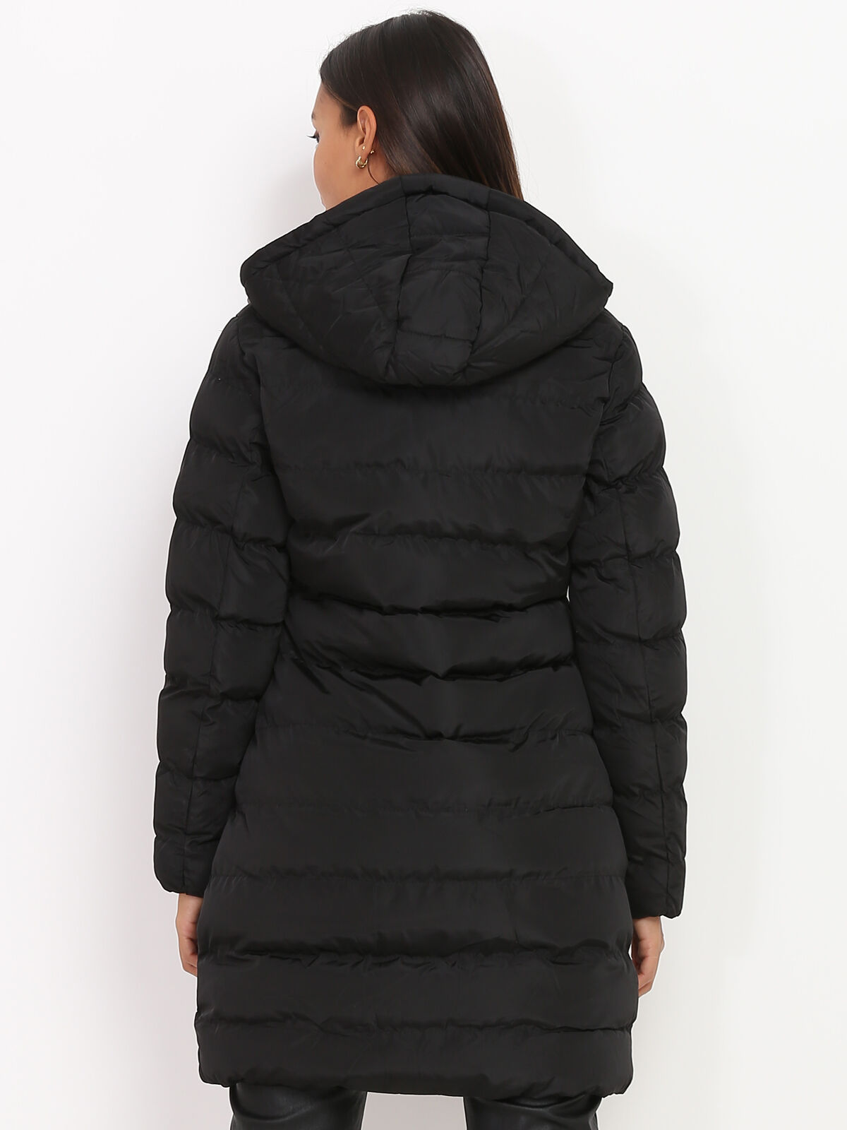 Manteau mi-long matelassé à capuche- Noir