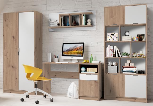 Jugendzimmer Karla in Artisan Eiche und Weiß Kinderzimmer Komplett Set - in verschiedenen Varianten mit Kleiderschrank, Jugendbett 90x200cm, Schreibtisch, Wandregal, Bücherregal (4 teilig)
