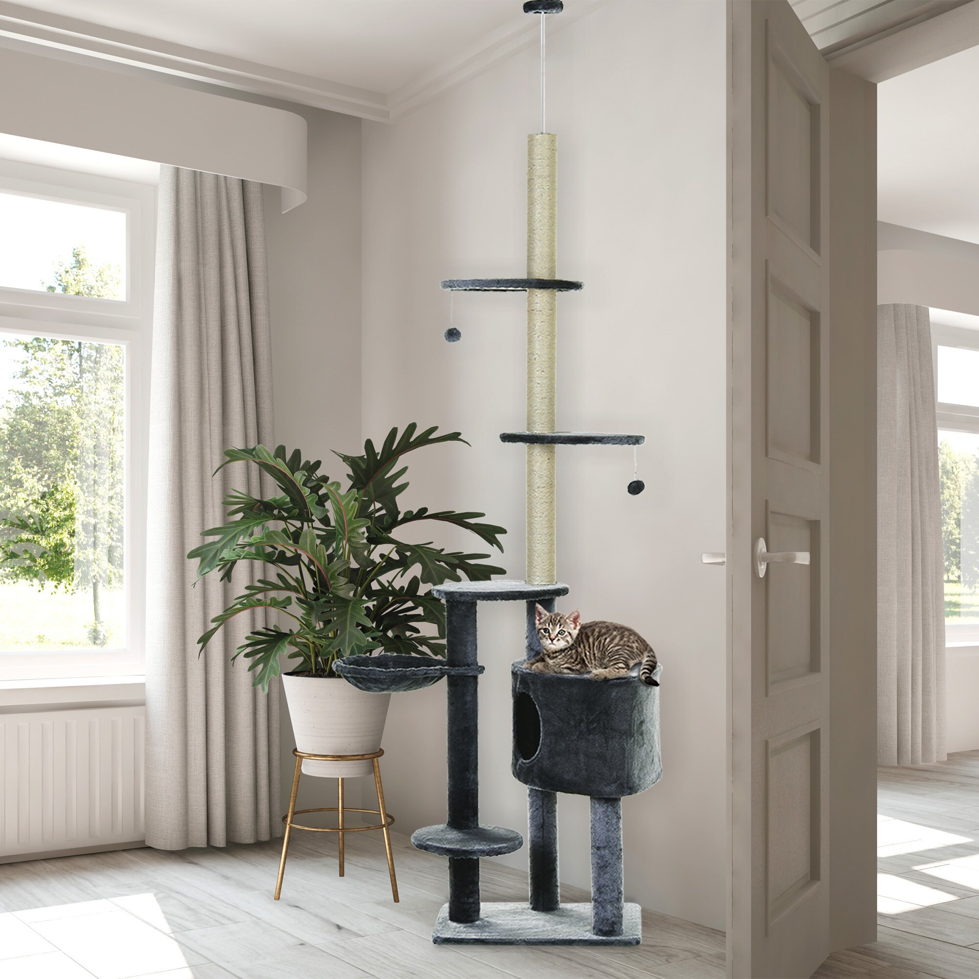 PawHut Kratzbaum mit Höhle dunkelgrau 55 x 45 x 240-260 cm (LxBxH)