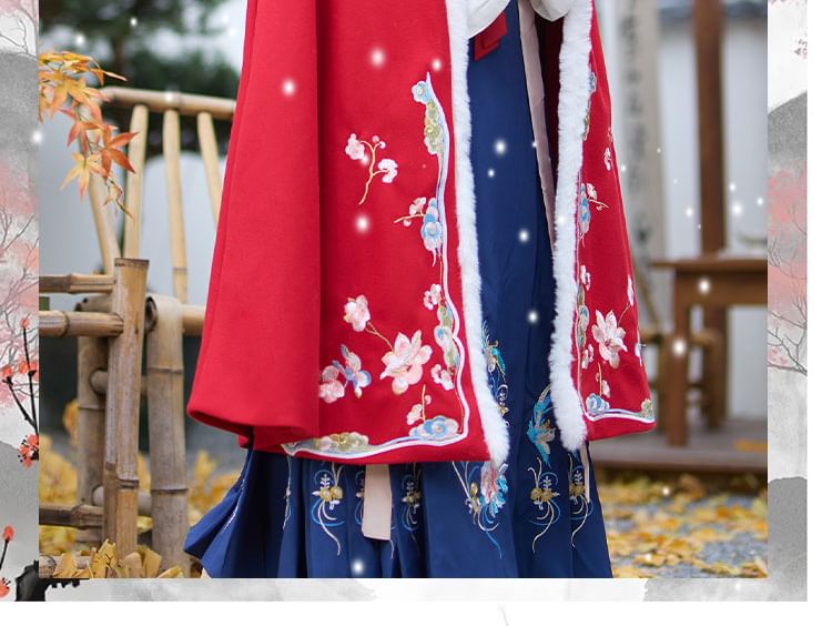 Meisjesaanbieding - Hanfu-cape met staande kraag, bloemenborduursel, pluizige rand en strik aan de voorkant