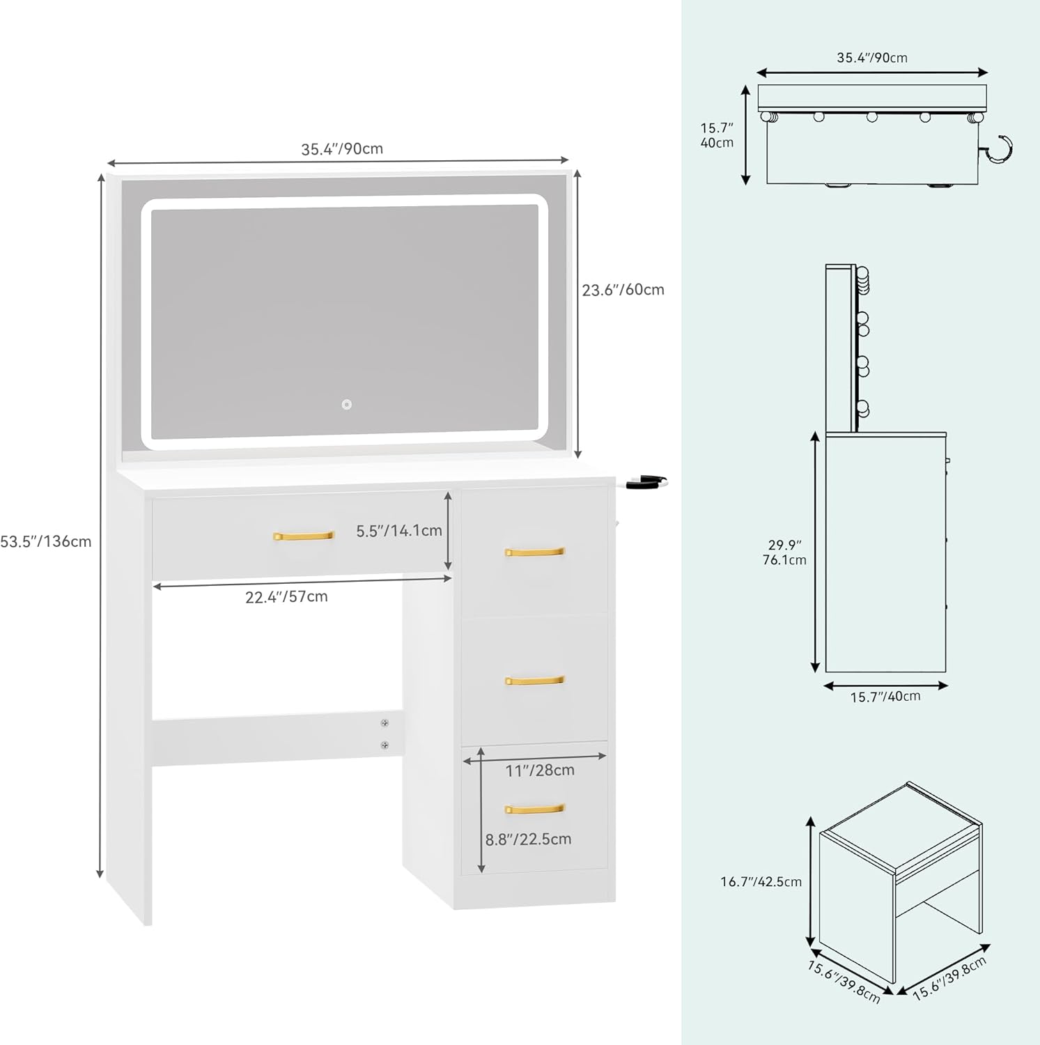 YITAHOME Schminktisch mit Spiegel, Kosmetiktisch mit 4 Schubladen, Beleuchtung, Steckdose, Weiß (Make Up Tisch, Frisiertisch, Kosmetiktisch, Vanity Table)