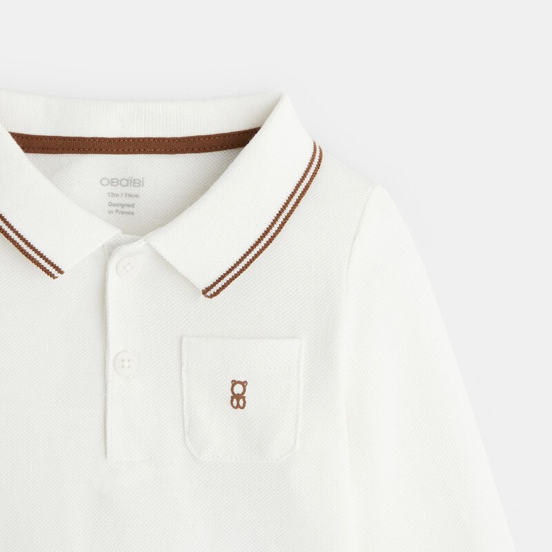 Polo piqué uni manches longues blanc bébé garçon Blanc