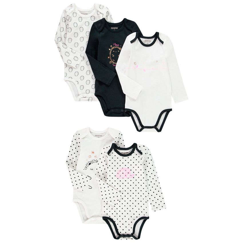 Lot de 5 bodies manches longues print hérisson pour bébé fille - Gris foncé