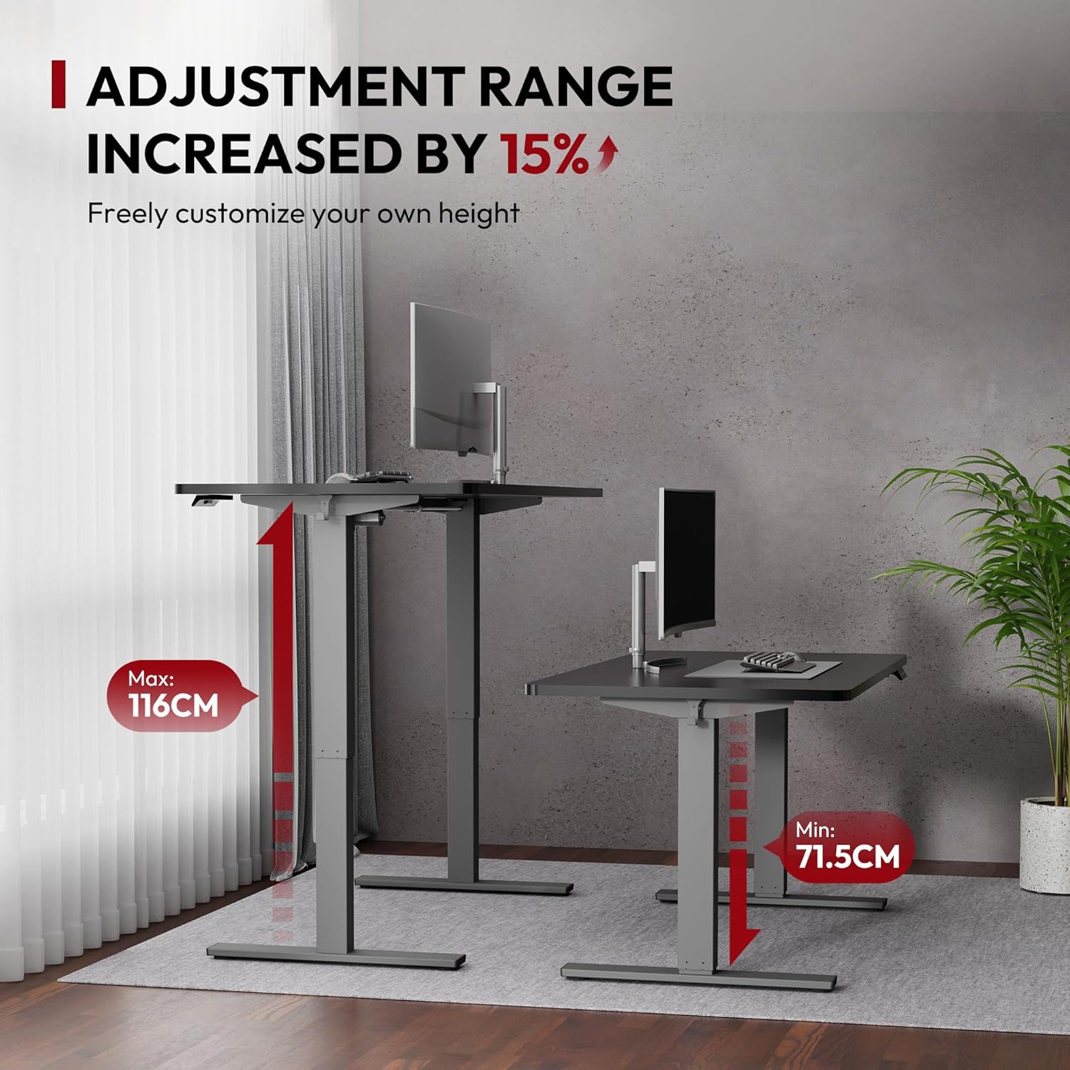 SANODESK Höhenverstellbarer Schreibtisch Elektrisch Tischgestell mit 2 Haken und LED-Höhenanzeige,Antikollisionsfunktion und Memory-Steuerung,Grau