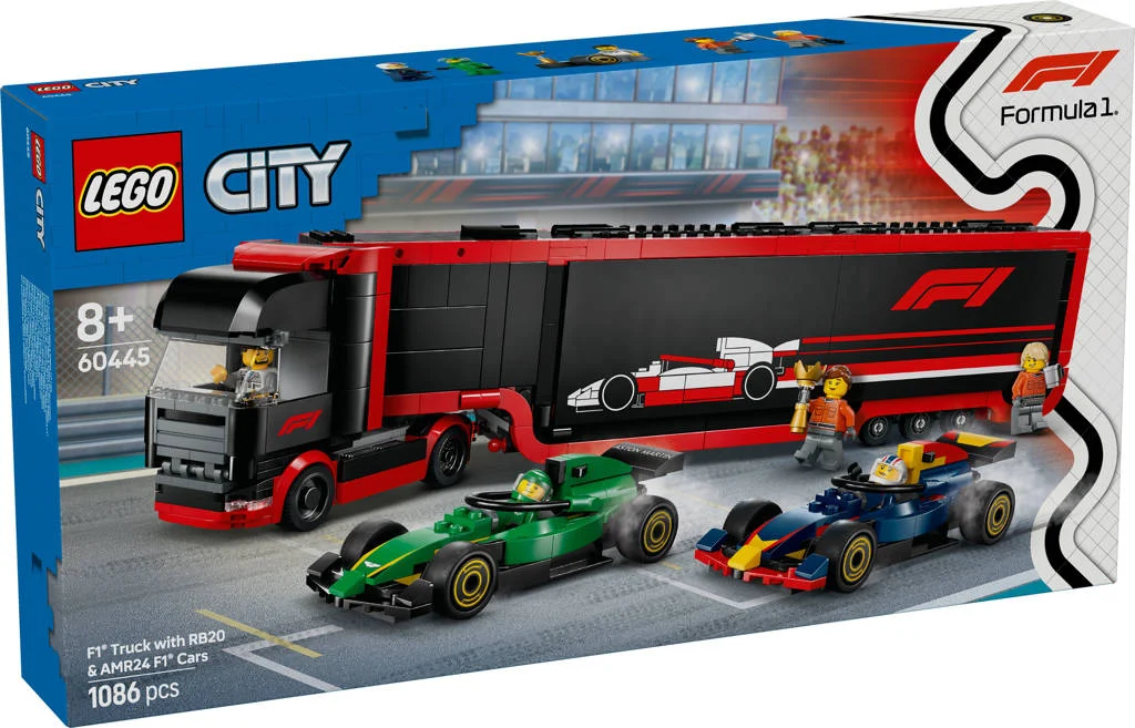 Een mooi set voor lego en f1 liefhebbersF1® truck met RB20 en AMR24 F1® auto's 60445
