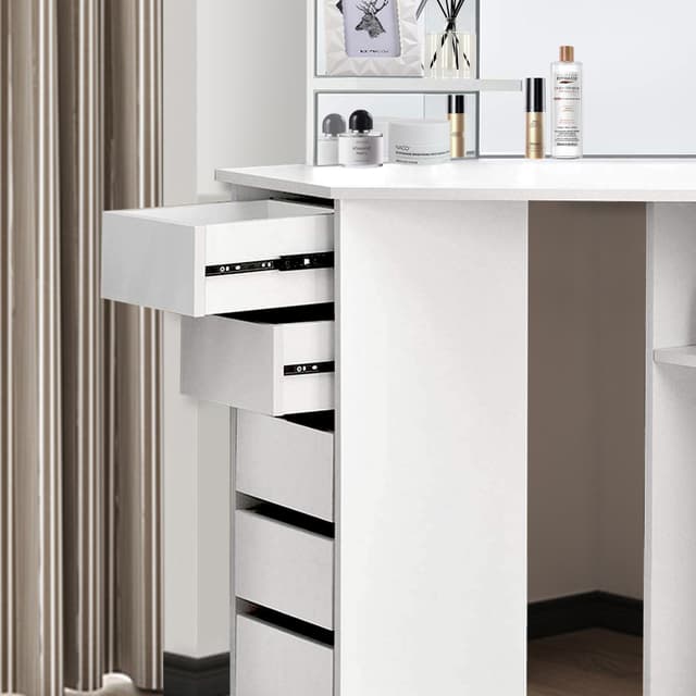 ML Design hjørne Raffinish Table White, toiletbord med 3 spejle, 5 skuffer og 3