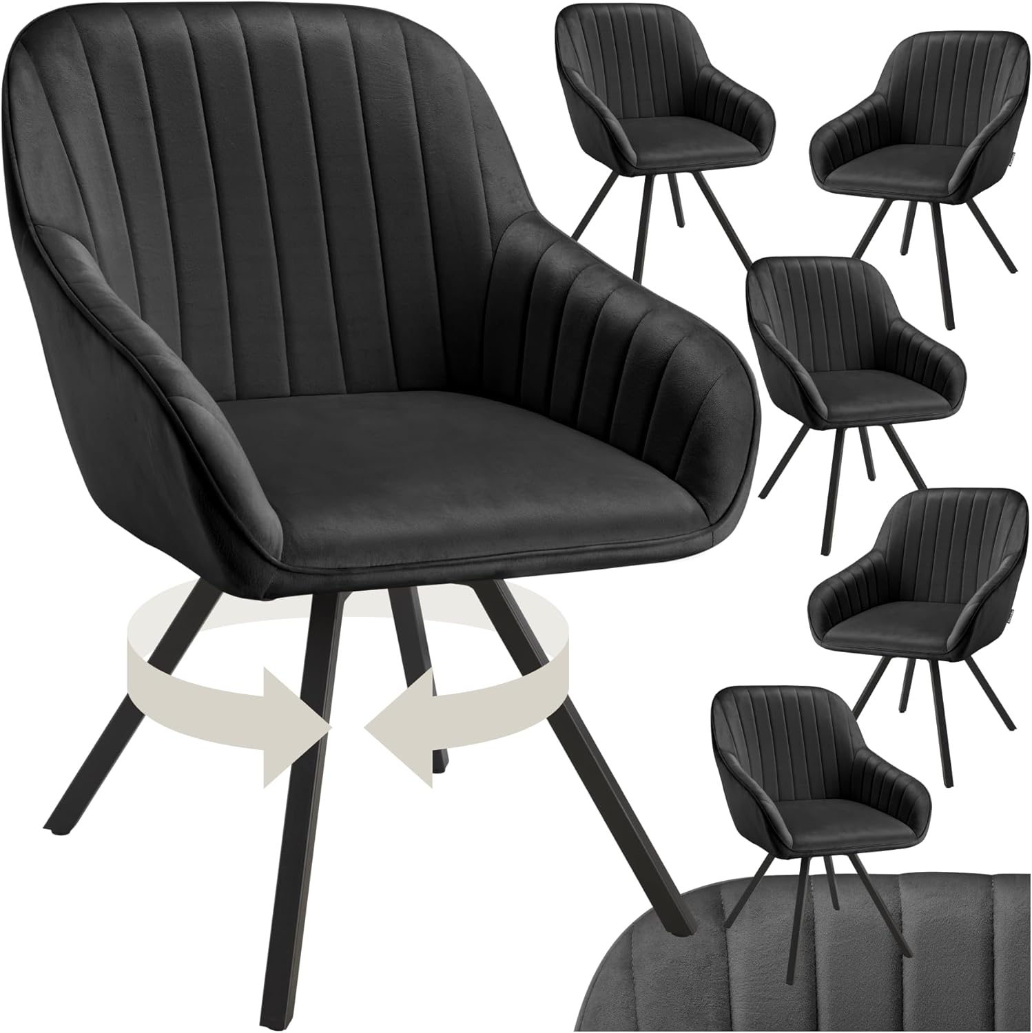 tectake® drehbare Esszimmerstühle mit Armlehne, Schalenstuhl ergonomisch mit Samt Bezug, gesteppt, Stühle drehbar für Wohnzimmer, Esstisch, Arbeitszimmer, Schminktisch, Küchenstühle - 6er Set, schwarz