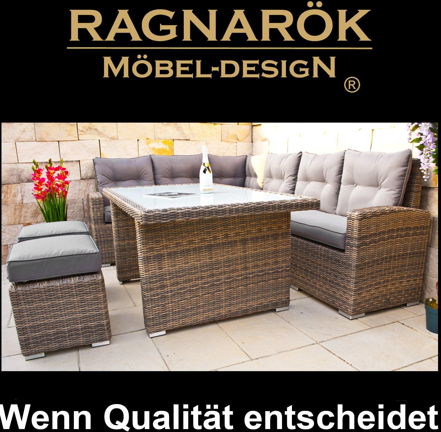 Premium PolyRattan Dining lounge - Deutscher Hersteller - 8 Jahre GARANTIE - Aluminium Gartenmöbel Essgruppe Polster Sitzkissen Grau Natur Rostfrei Esstisch Rattan Garten Sitzgruppe Tisch