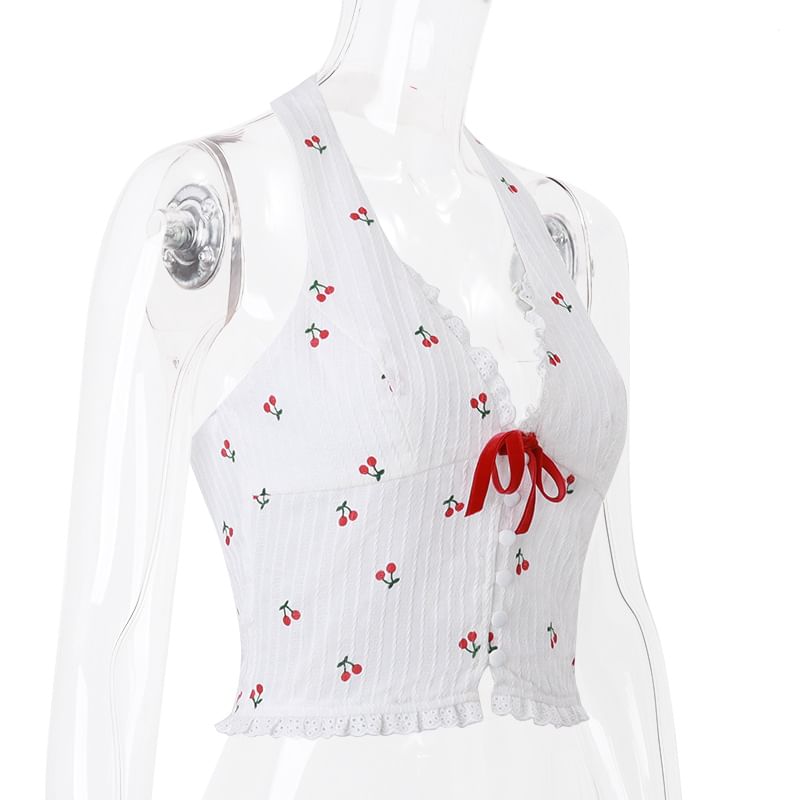 Bulgaris - Halter V-hals kanten versiering kersenprint strik accent crop vest