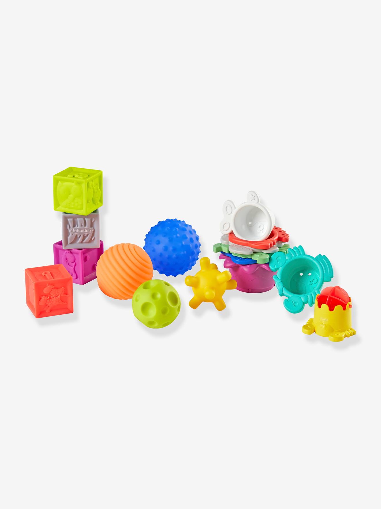 Conjunto Infantino multicolorido com bolas, cubos e copos.