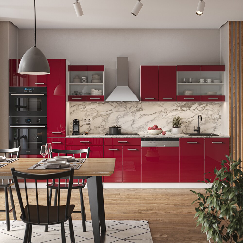 Vicco Küchenzeile Küchenblock Einbauküche R-Line 350 cm Weiß Bordeaux Hochglanz