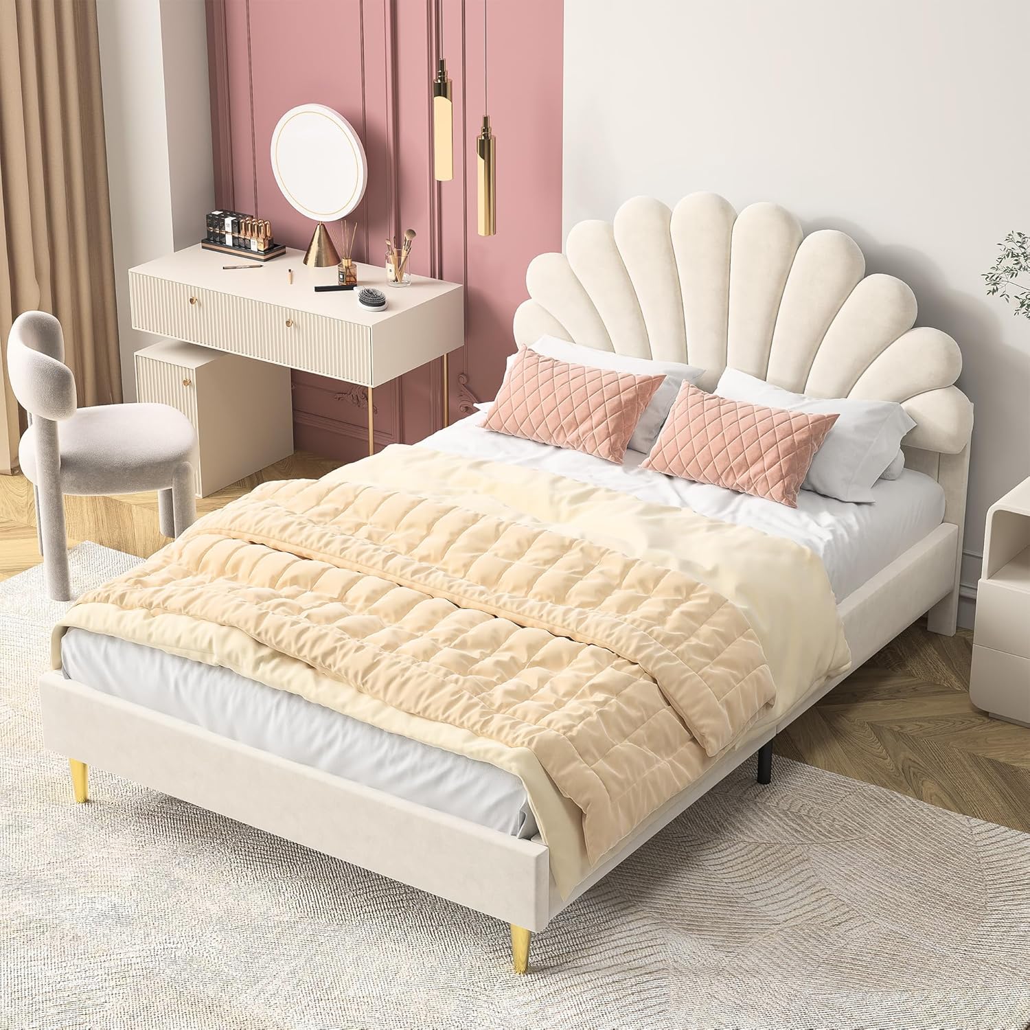Kinderbett Polsterbett 140x200 cm, Bettgestell für Mädchen mit geblümtem Kopfteil und Lattenrost, Samt Doppelbett muschelartiges Bett mit goldenen Eisenbeinen, ohne Matratze (Beige)