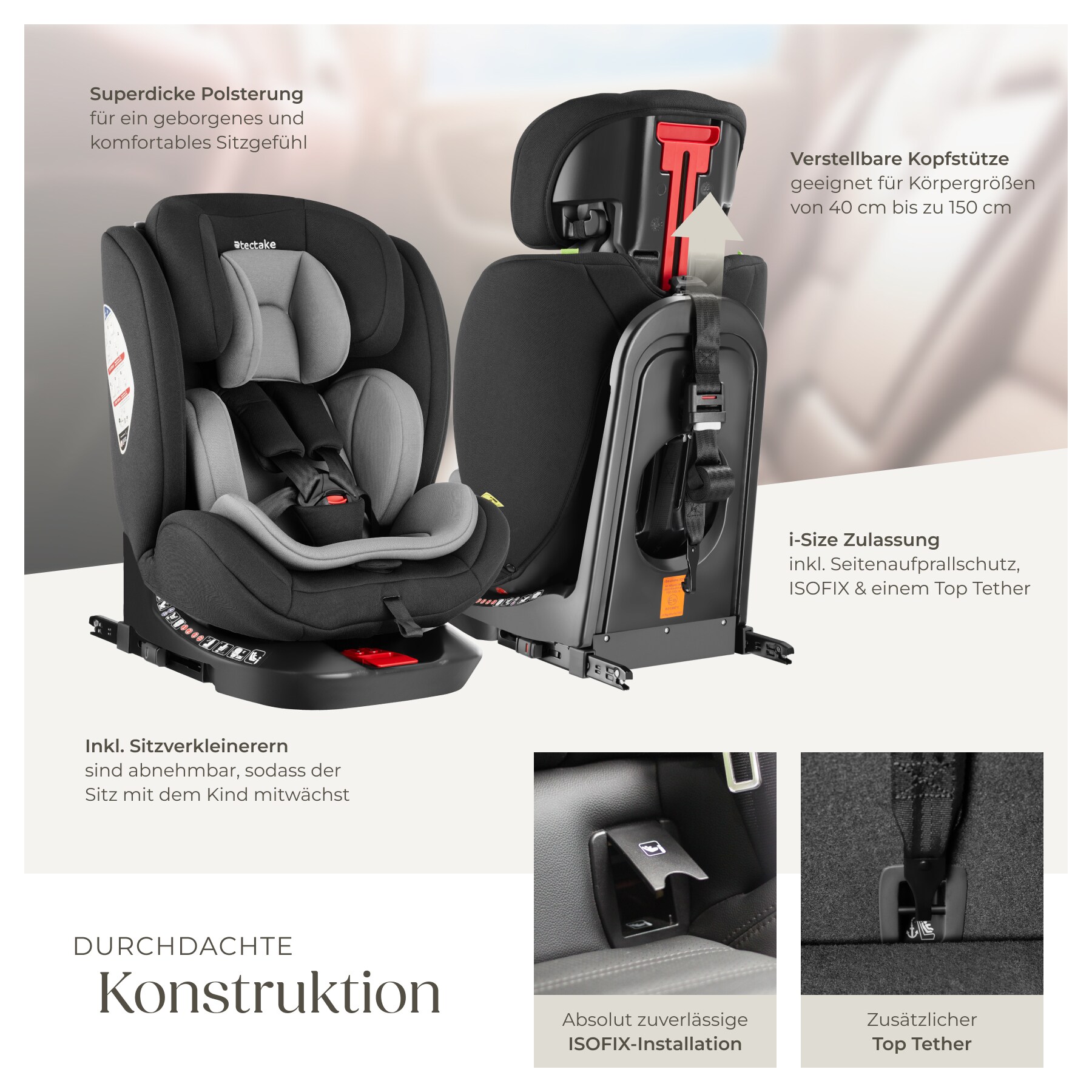 tectake® Drehbarer Autositz, i-Size Zulassung, ISOFIX-Installation und Top Tether, mit Seitenaufprallschutz, längenverstellbarer 5-Punkt-Gurt, höhenverstellbare Kopfstütze, ab Geburt bis 150 cm, Belastbarkeit 36 kg