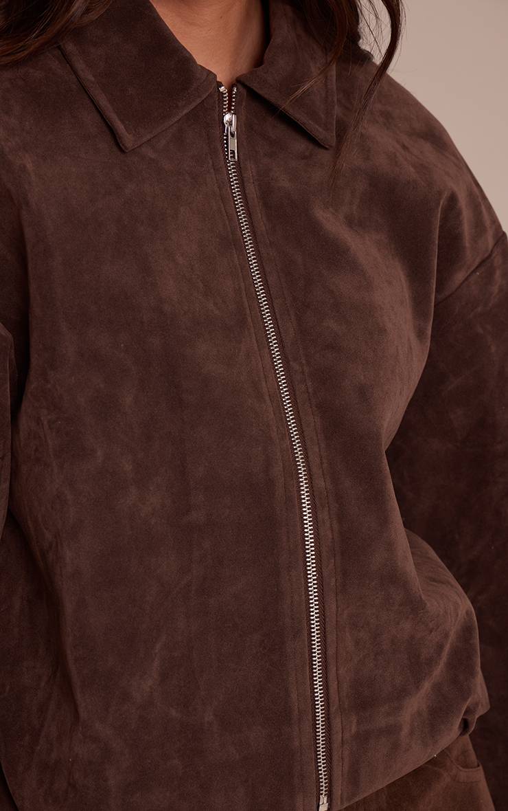 Marron Foncé Veste Courte Plissée En Daim Avec Fermeture Éclair