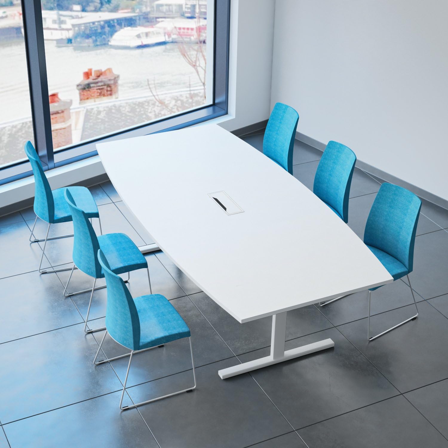 Weber Büro Easy Konferenztisch Bootsform 240x120 cm Weiß mit Elektrifizierung Besprechungstisch Tisch, Gestellfarbe:Weiß