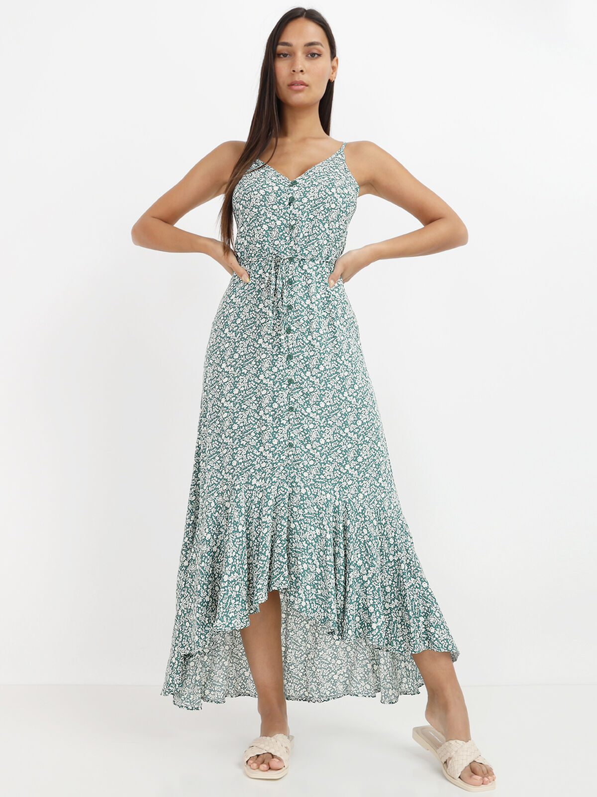 Robe longue fleurie à boutons- Vert
