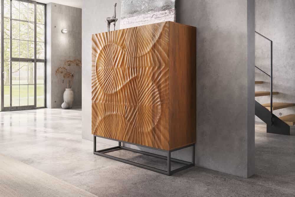 Massives Highboard SCORPION 120cm braun Mangoholz aufwendige 3D Schnitzereien
