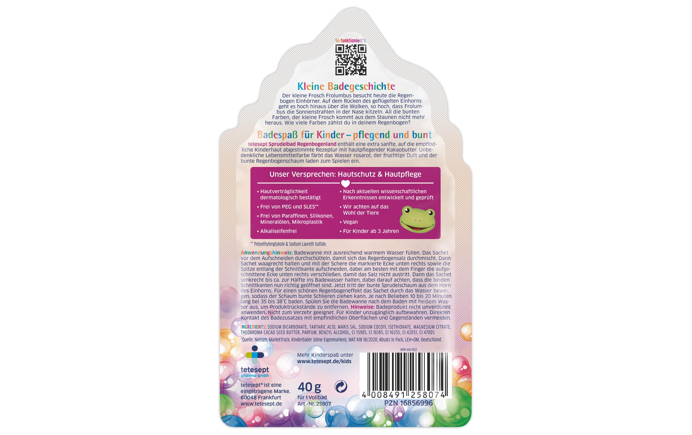 Kinder Sprudelbad Regenbogenland 40 gSchaumig sprudelnder Badespass mit fruchtigem Duft und hautgesunder Rezeptur
