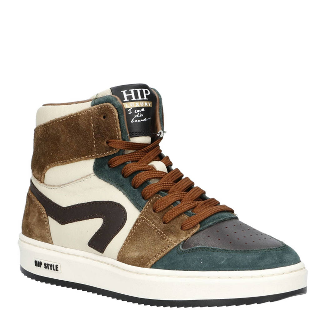 Hip leren sneakers groen/bruin