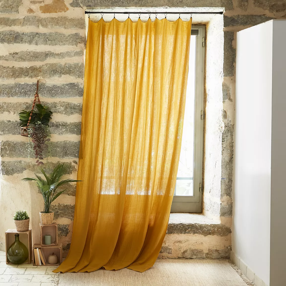 Rideau gaze de coton ajustable (180 x max 300 cm) Gaïa Jaune safran