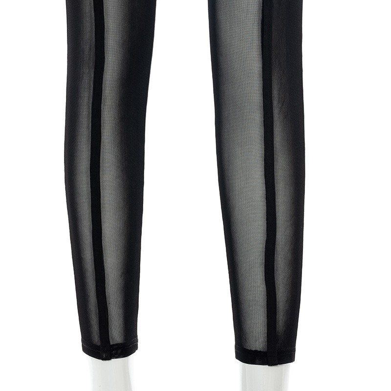 (Gr. S) Transparente High Waist Mesh Leggings Elastische Netz Stretch Hosen - Schwarz