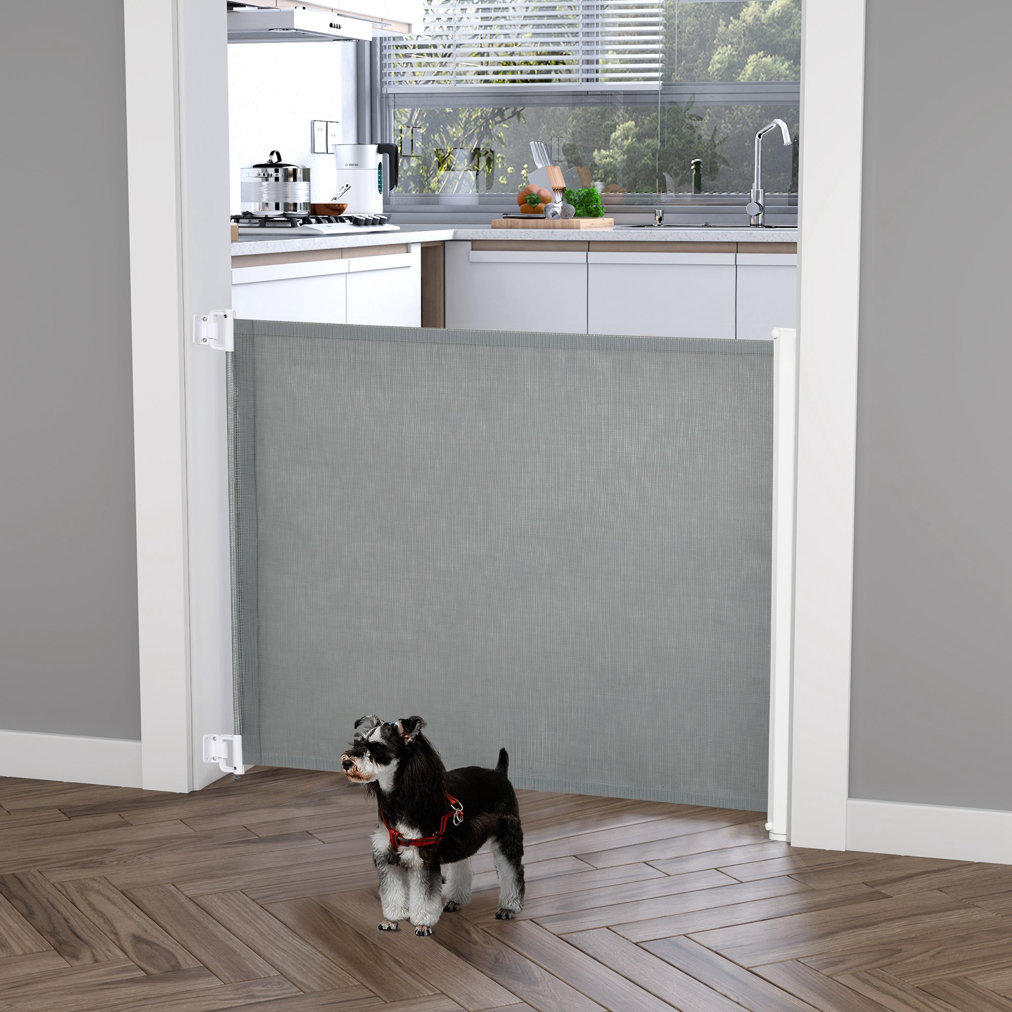 PawHut Hunde-Trennwand mit automatischer Aufrollenfunktion grau 5,5–115L x 5,5B x 82,5H cm