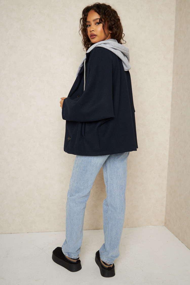Veste à empiècement capuche bleu foncé et grise
