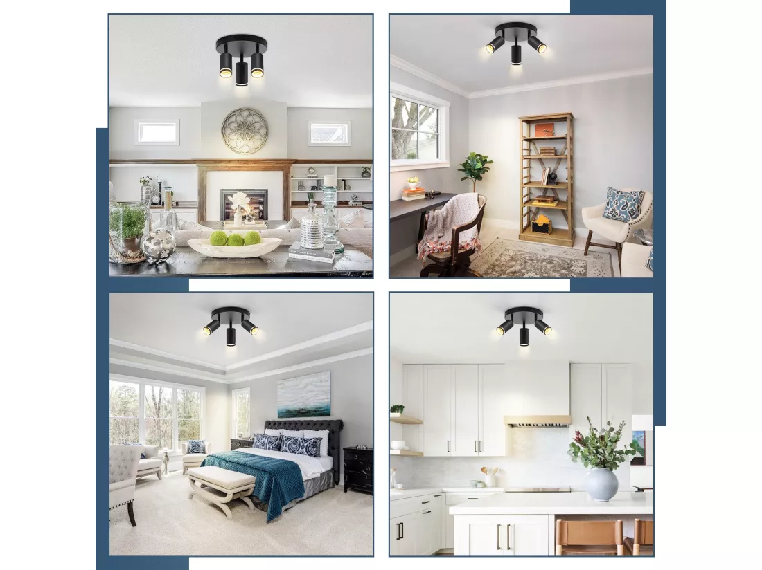 NETTLIFE Plafonnier noir moderne : 3 spots de plafond orientables en métal, plafonnier GU10, pour chambre, salle à manger, sans ampoule