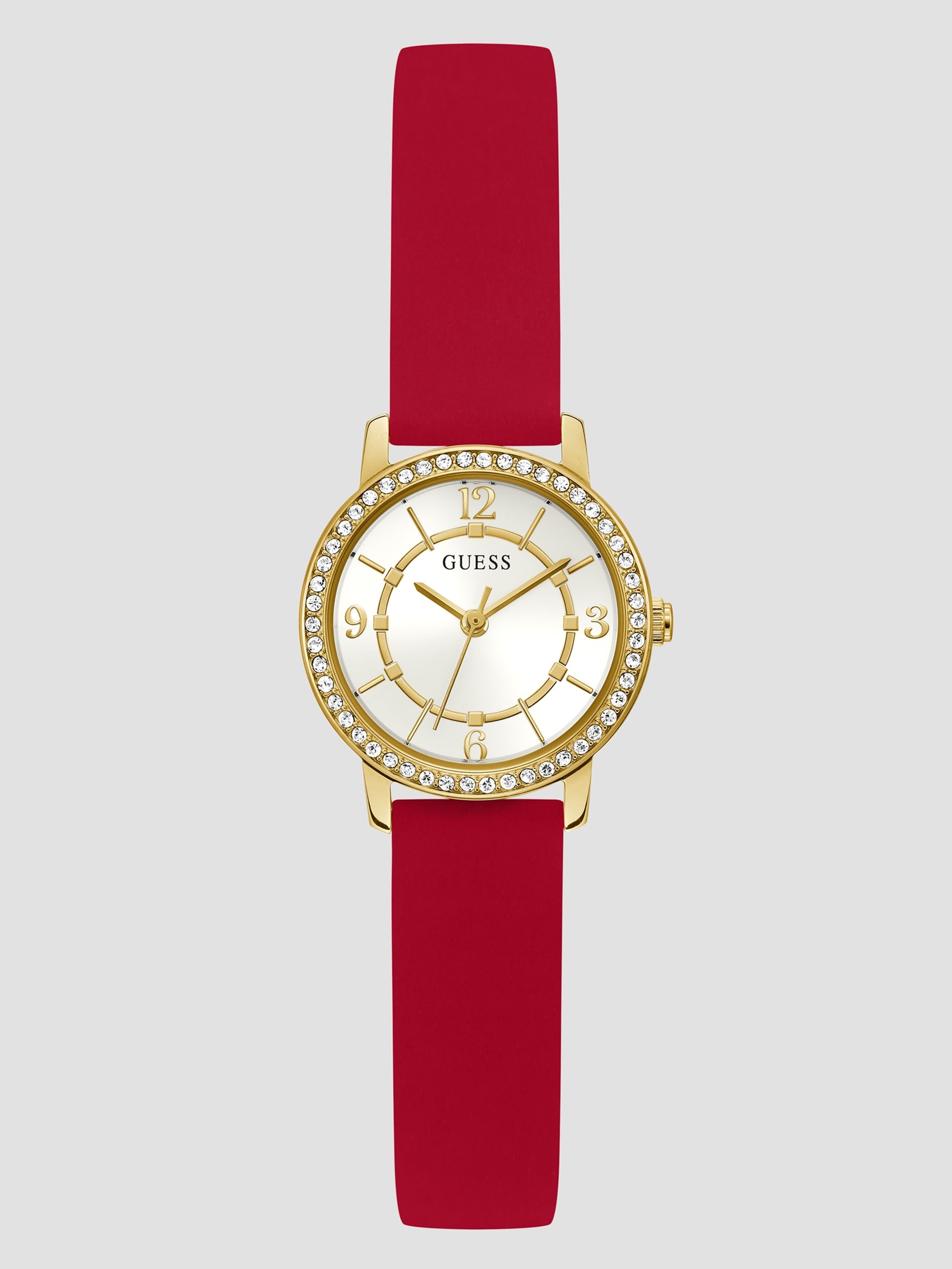 Relógio analógico dourado e vermelho