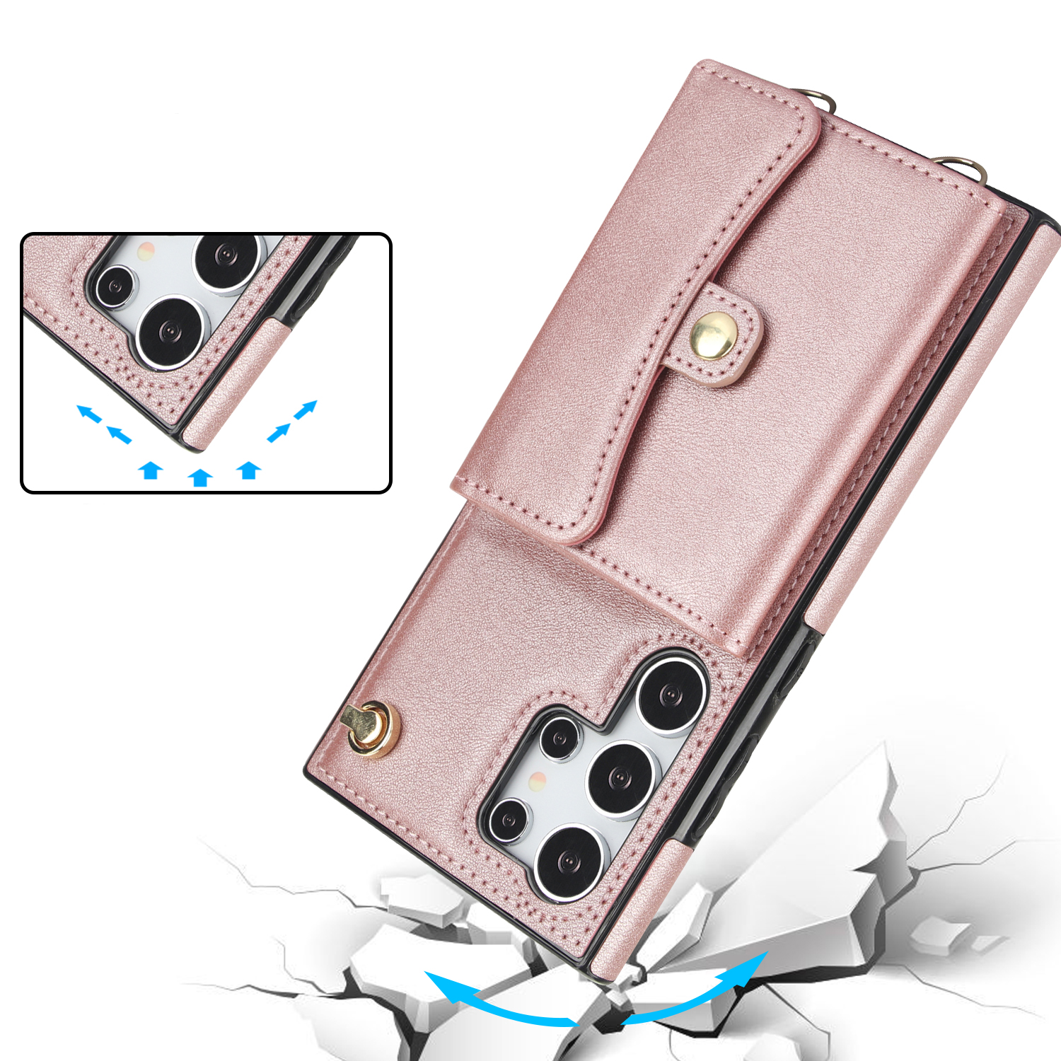 Samsung Galaxy S24 Ultra Necklace Leder Schutz Hülle mit Kartenfach   Handykette (140cm) - Roségold