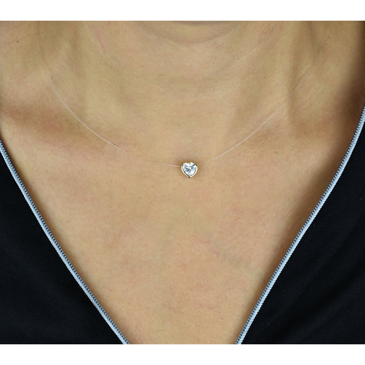 Collier coeur d'oxyde de zirconium fil de nylon transparent Plaqué OR 750 3 microns
