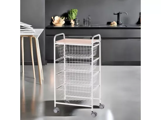 Chariot de cuisine, chariot de rangement - 4 paniers de grande capacité - Hêtre blanc - 86*44*30 cm - FIESTA