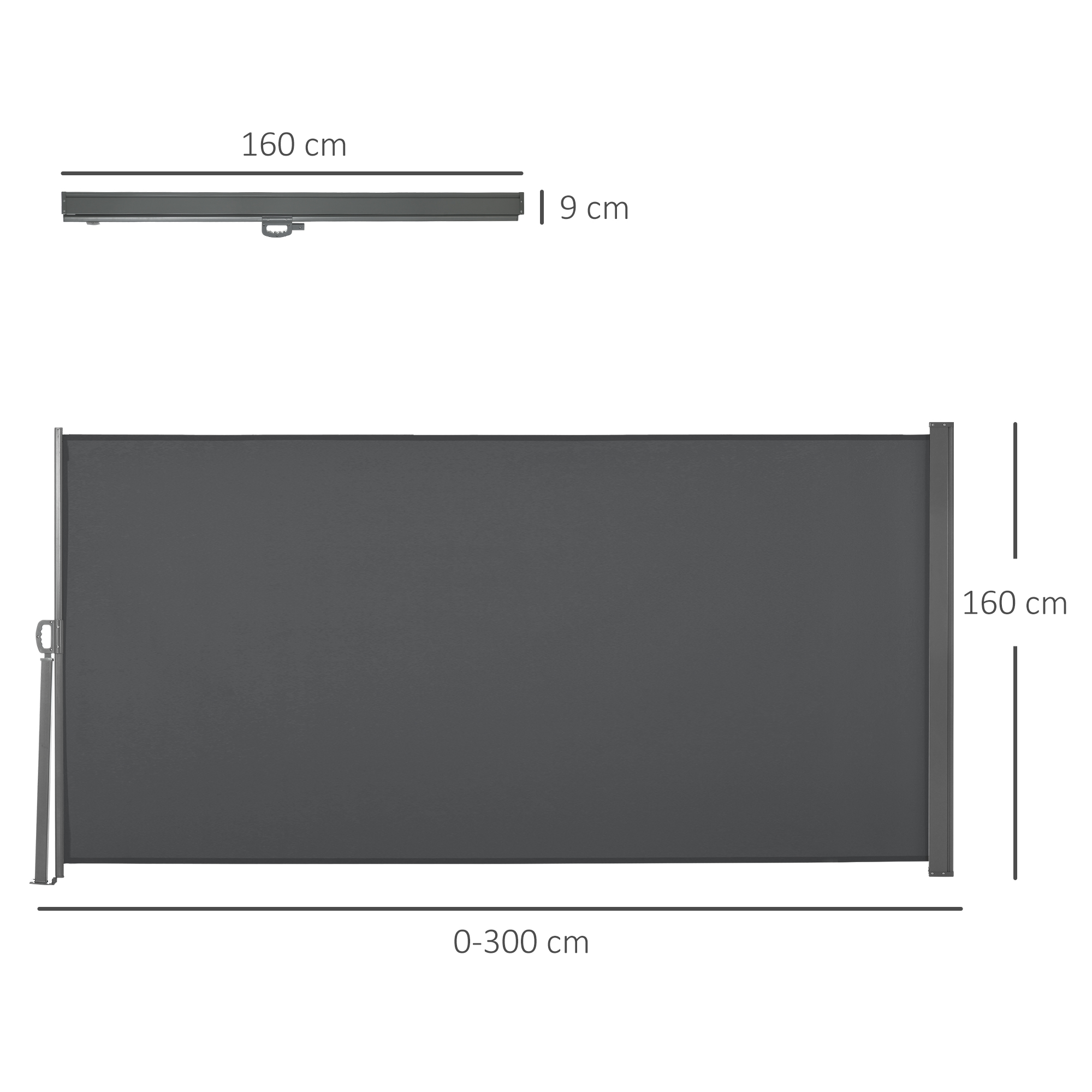 Toldo lateral retrátil Outsunny 300x160 cm, tela de enrolar para privacidade e proteção solar, ideal para jardim, varanda e terraço, cor cinza.