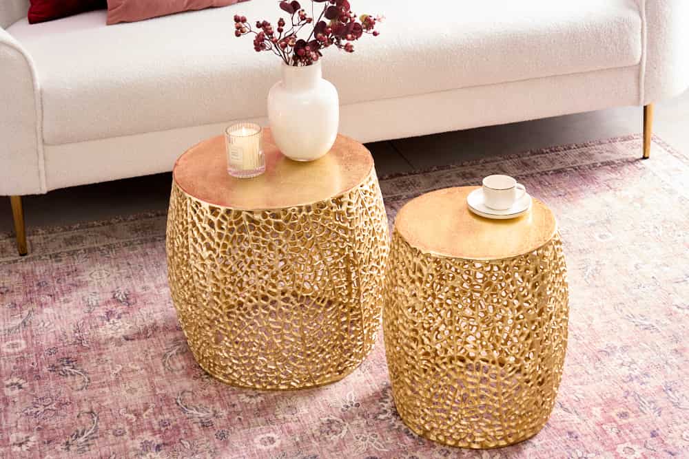 2er Set Filigraner Design Couchtisch ABSTRACT LEAF gold Handarbeit Metall rund