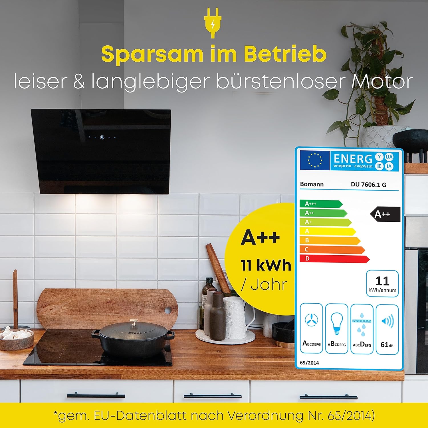 Bomann® Dunstabzugshaube 60cm | Abzugshaube für Umluft und Abluft | bürstenloser DC-Motor | leise Kopffreihaube 60cm | inkl. Montage-Material | 9 Stufen | Dunstabzugshaube Umluft | DU 7606.1 G