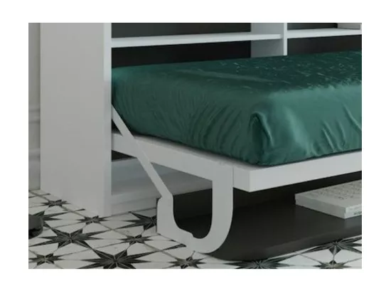 Lit escamotable 90x190 P 34cm blanc satiné avec étagères et bureau Miko