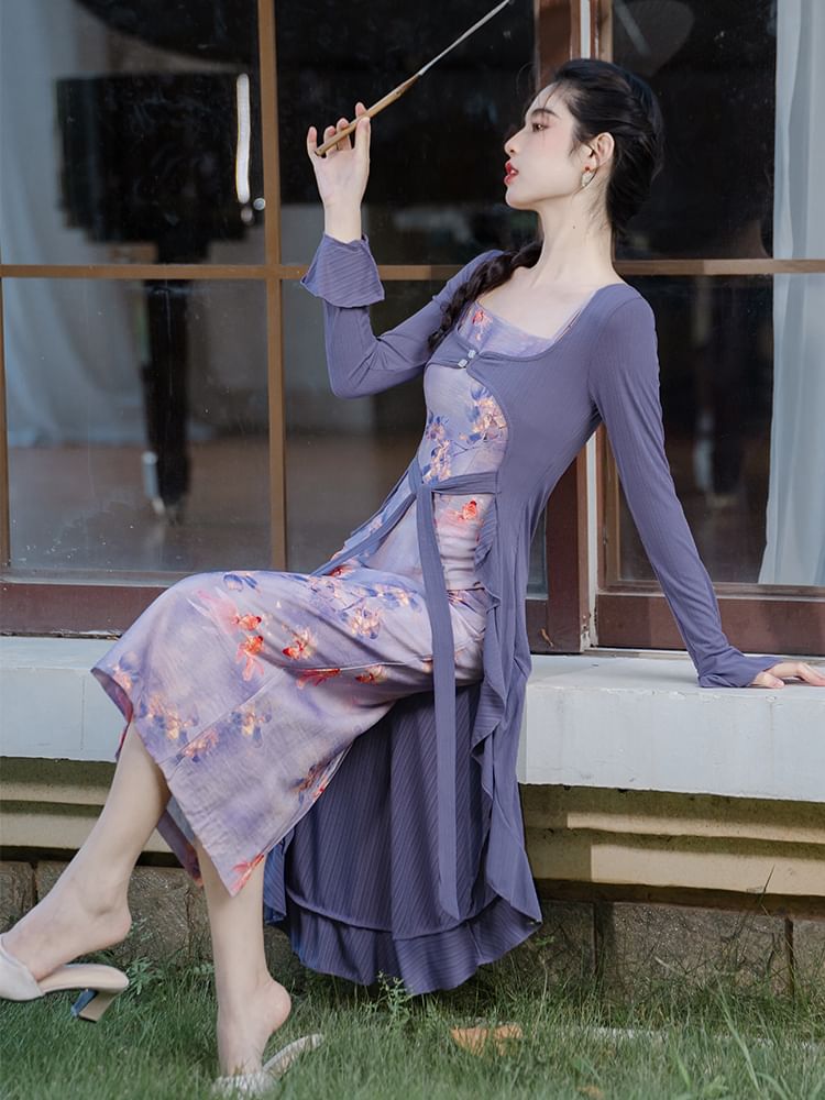 Nebbia - Set: Spaghettibandjes bloemenprint midi-jurk + vierkante hals effen ruches midi-jasje met knoopsluiting aan de voorkant