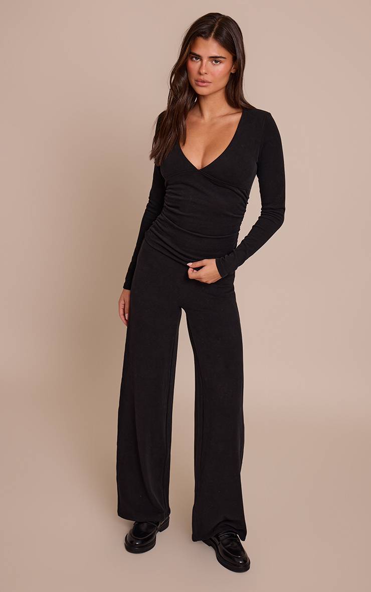 Noir Pantalon De Détente Droit Taille Basse En Coton Doux