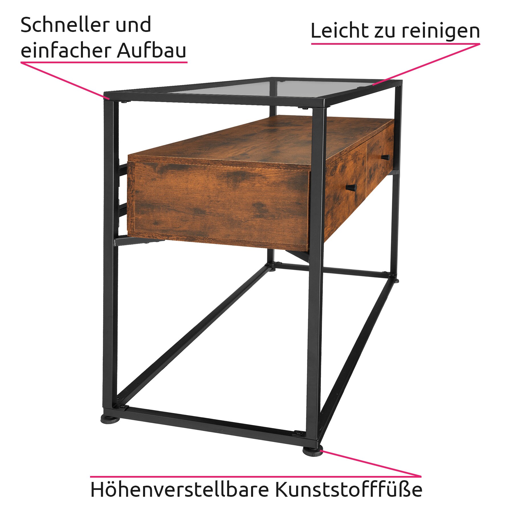 tectake® Konsolentisch, Industrial Style, Platte aus Sicherheitsglas, 2 große Schubladen, 101,5 x 41,5 x 80,5 cm