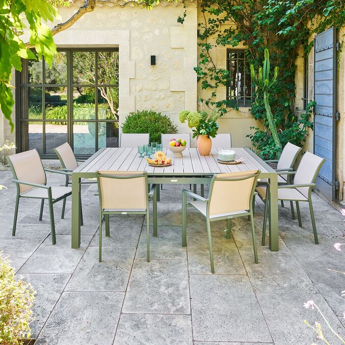 Ensemble table de jardin automatique EVASION + 10 fauteuils ESSENTIA Lin & Laurier